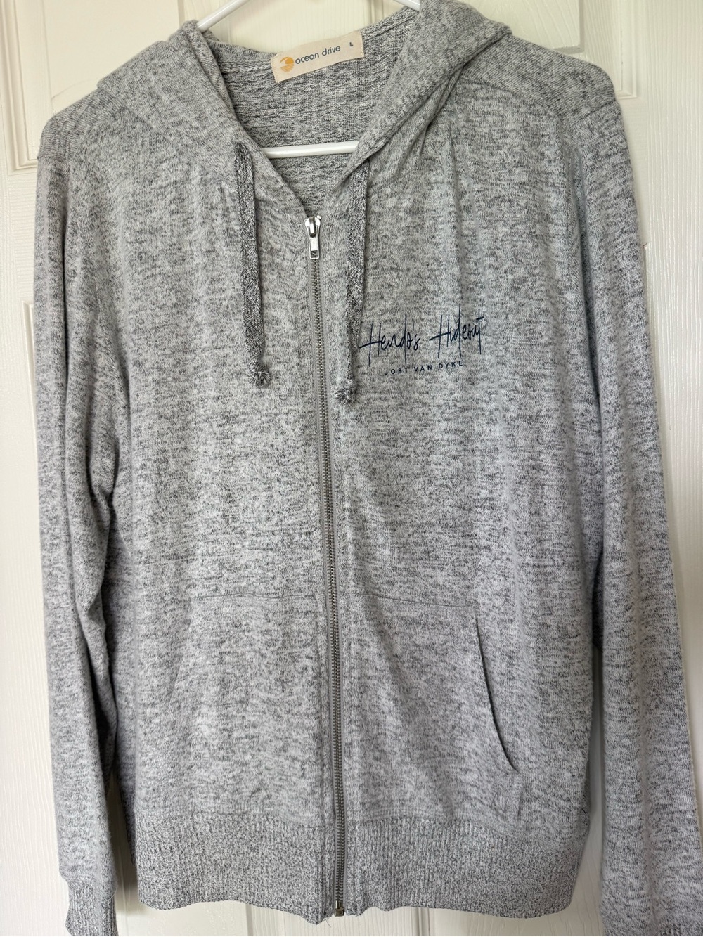 Ocean Drive Gray Zip Hoodie knit material. Hendo’s Hideout Virgin Island Large